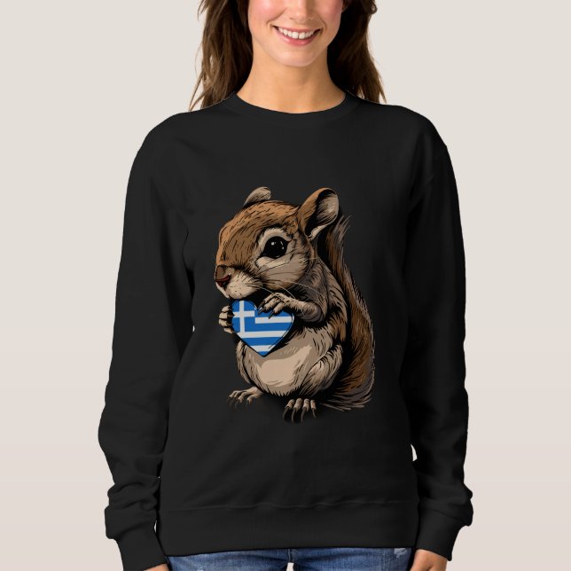 Greece Flag Squirrel Heart Greek Roots Hellenic Gr Sweatshirt (Front)