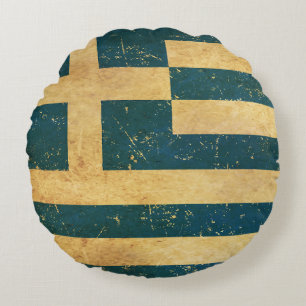 Greece Flag Vintage Grunge Design Round Cushion