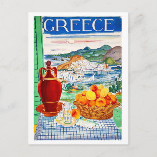Greece, fruits on table, window landscape view postcard