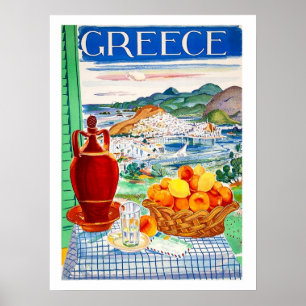 Greece, fruits on table, window landscape view poster