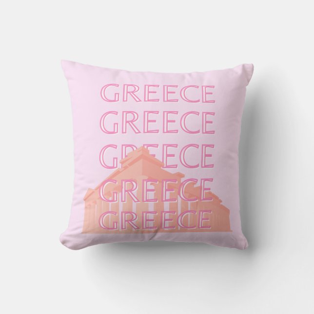 Greece, Greek Travel Art, Pastel Travel Art, Pink Cushion (Front)