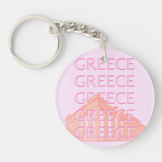Greece, Greek Travel Art, Pastel Travel Art, Pink Key Ring (Front)