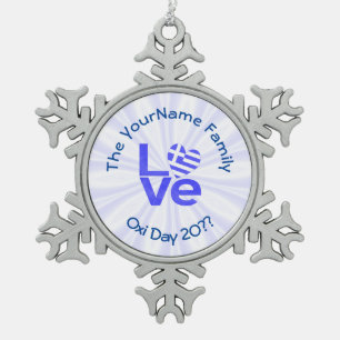 Greece Heart Flag Blue LOVE Personalised Snowflake Pewter Christmas Ornament