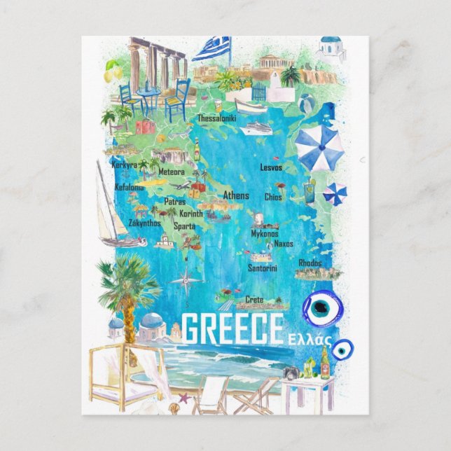 Greece Illustrated Travel Map in Mediterranean Postcard (Front)