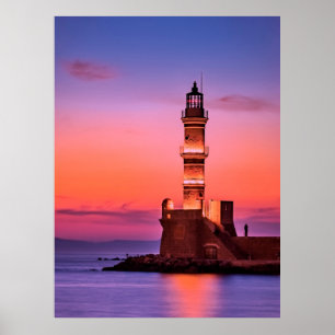 Greece Lighthouse at Night Poster