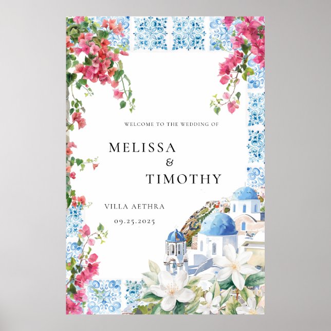 Greece Mediterranean Floral Tile Wedding Welcome  Poster (Front)