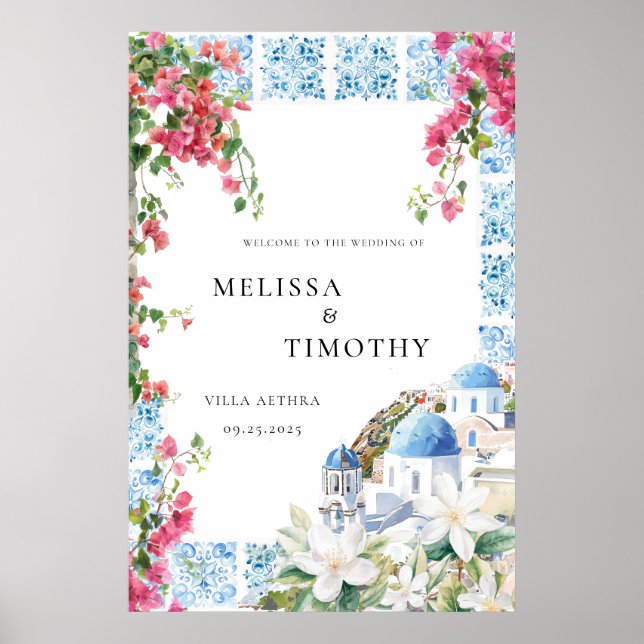 Greece Mediterranean Floral Tile Wedding Welcome  Poster (Front)