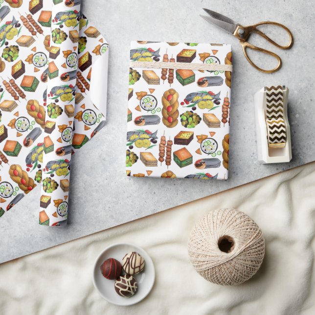 Greece Mediterranean Foods Print Greek Cuisine Wrapping Paper (Crafts)