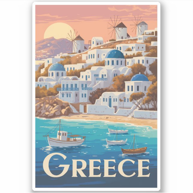 Greece Mykonos Illustration Travel Art Vintage (Front)