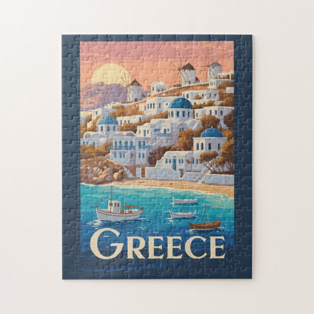 Greece Mykonos Illustration Travel Art Vintage Jigsaw Puzzle (Vertical)