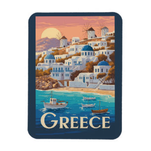 Greece Mykonos Illustration Travel Art Vintage Magnet