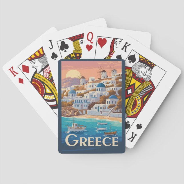 Greece Mykonos Illustration Travel Art Vintage Playing Cards (Back)