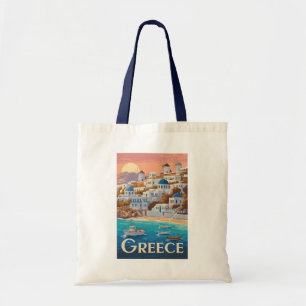 Greece Mykonos Illustration Travel Art Vintage Tote Bag