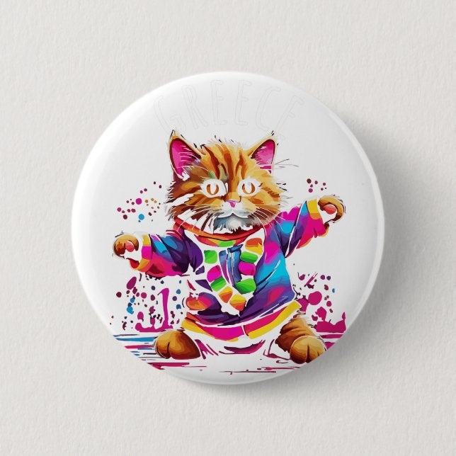 Greece Quirky Funny Cute Colourful Dancing Cat Des 6 Cm Round Badge (Front)