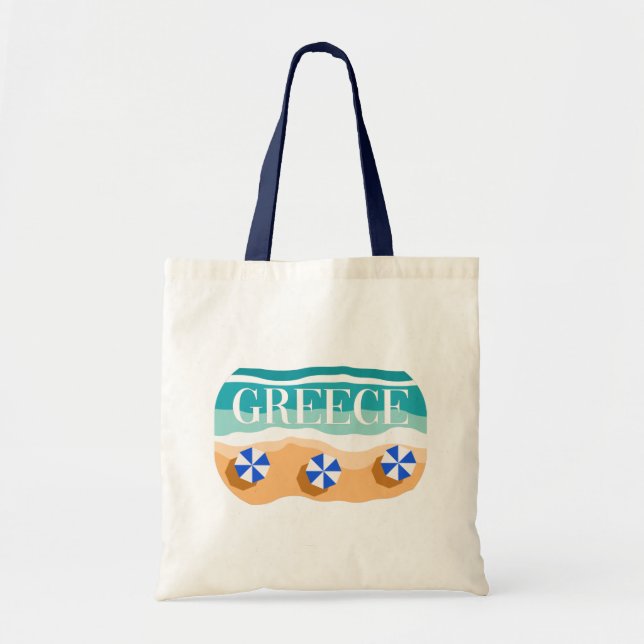 Greece: Sandy Beach with Blue Umbrellas And Waves Tote Bag (Front)