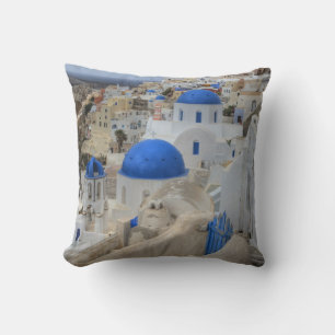 Greece, Santorini. Bell tower and blue domes Cushion