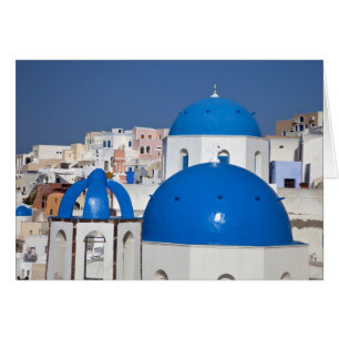 Greece, Santorini. Bell tower and blue domes of