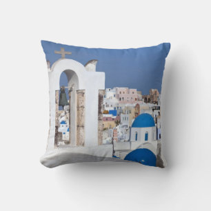 Greece, Santorini. Bell tower and blue domes of 2 Cushion