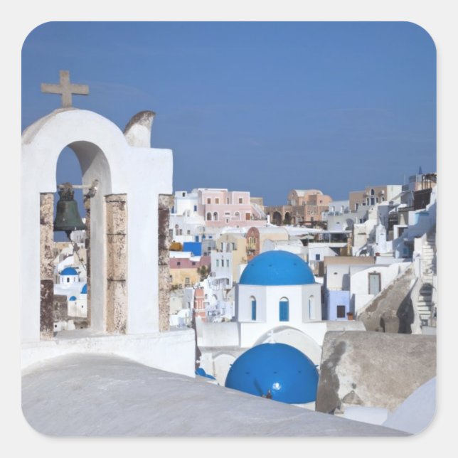 Greece, Santorini. Bell tower and blue domes of 2 Square Sticker (Front)