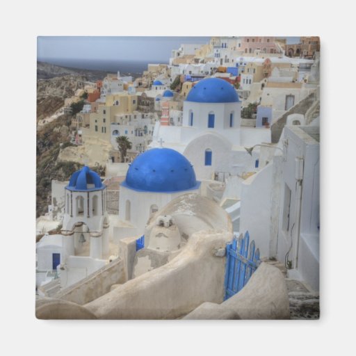 Image of Greece, Santorini. Bell tower and blue domes of 3 Magnet