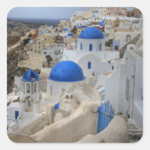 Greece, Santorini. Bell tower and blue domes of 3 Square Sticker