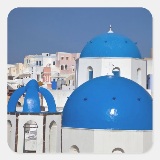 Greece, Santorini. Bell tower and blue domes of Square Sticker (Front)