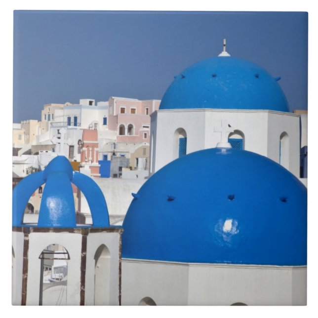 Greece, Santorini. Bell tower and blue domes of Tile (Front)