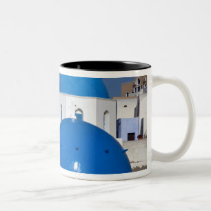Greece, Santorini. Bell tower and blue domes of Two-Tone Coffee Mug