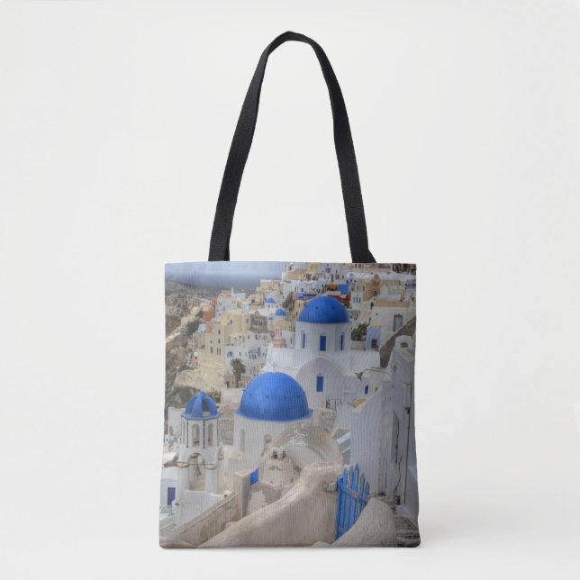 Greece, Santorini. Bell tower and blue domes Tote Bag (Front)