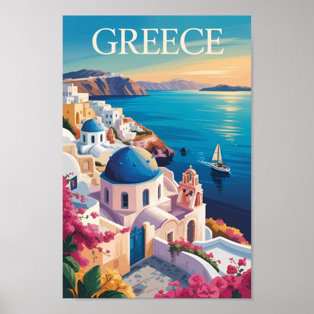 Greece Santorini Illustration Travel Art Vintage Poster (Front)
