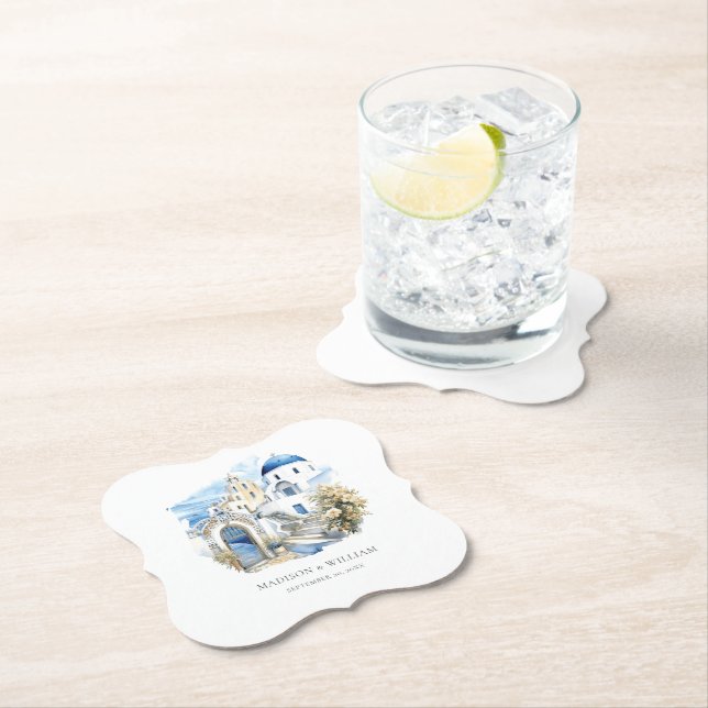 Greece Santorini Personalised Minimal Wedding Paper Coaster (Insitu)
