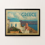 Greece Santorini Vintage Travel Jigsaw Puzzle<br><div class="desc">Greece design in Vintage Travel style featuring a classic scene with a blue dome church and the Mediterranean.</div>
