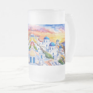 Greece Santorini Watercolor Sketch Aegean Sea    Frosted Glass Beer Mug