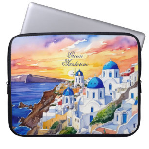 Greece Santorini Watercolor Sketch Aegean Sea Laptop Sleeve