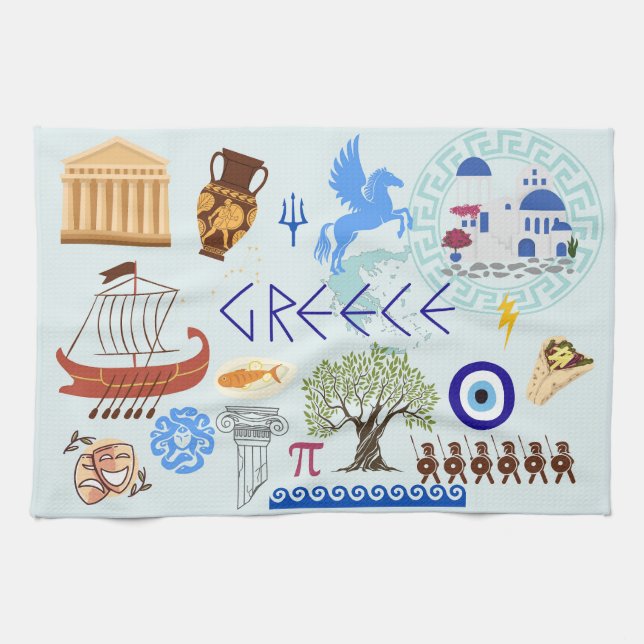 Greece Symbols Travel Lovers Tea Towel (Horizontal)