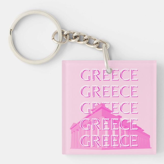 Greece, Travel Art, Pastel Travel Art, Pink Key Ring (Front)