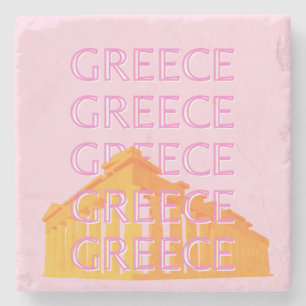 Greece, Travel Art, Pink Stone Coaster