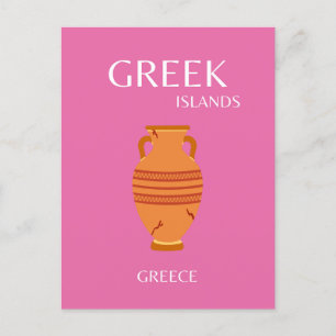 Greece, Travel Art, Preppy, Pink Holiday Postcard