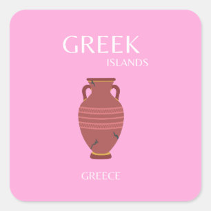 Greece, Travel Art, Preppy, Retro Art, Pink Square Sticker