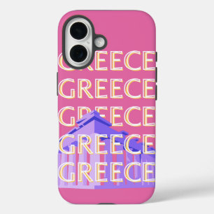 Greece Travel Art, Summer Travel Art, Retro, Pink iPhone 16 Case