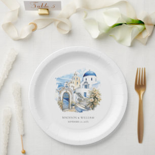 Greece Watercolor Personalised Minimal Wedding Paper Plate