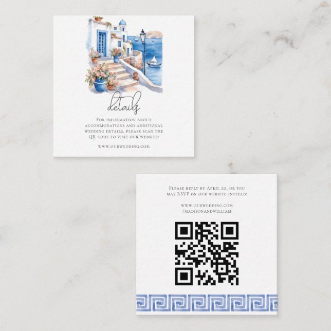 Greece Watercolor Wedding QR Code Enclosure Card (Front/Back)