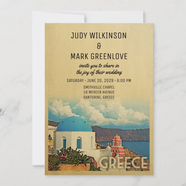 Greece Wedding Invitation Vintage Santorini Invite (Front)