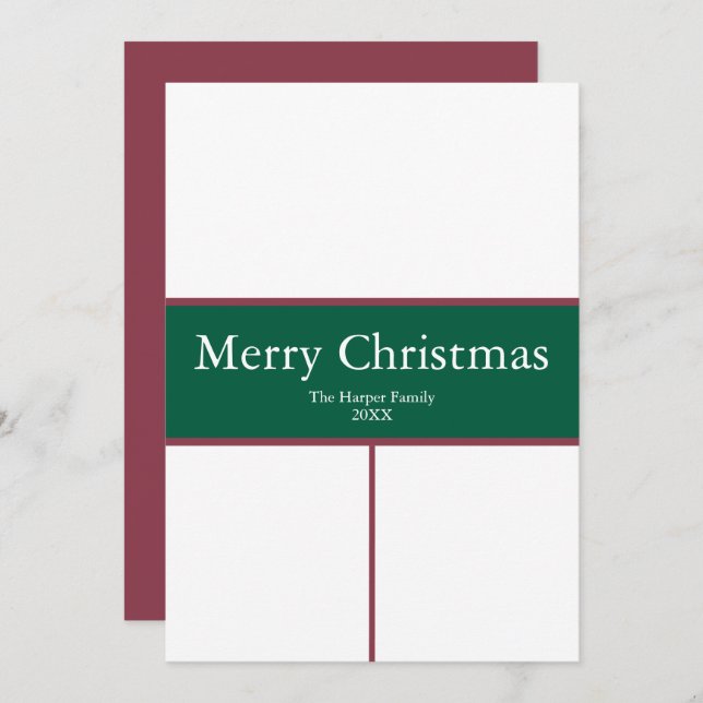 Greed Red Cute Family 3 Photo Merry Christmas Holiday Card (Front/Back)