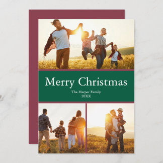 Greed Red Cute Family 3 Photo Merry Christmas Holiday Card