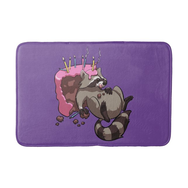 Greedy Raccoon Full of Birthday Cake Cartoon Bath Mat (Front)