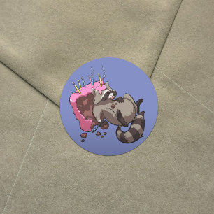 Greedy Raccoon Full of Birthday Cake Cartoon Classic Round Sticker