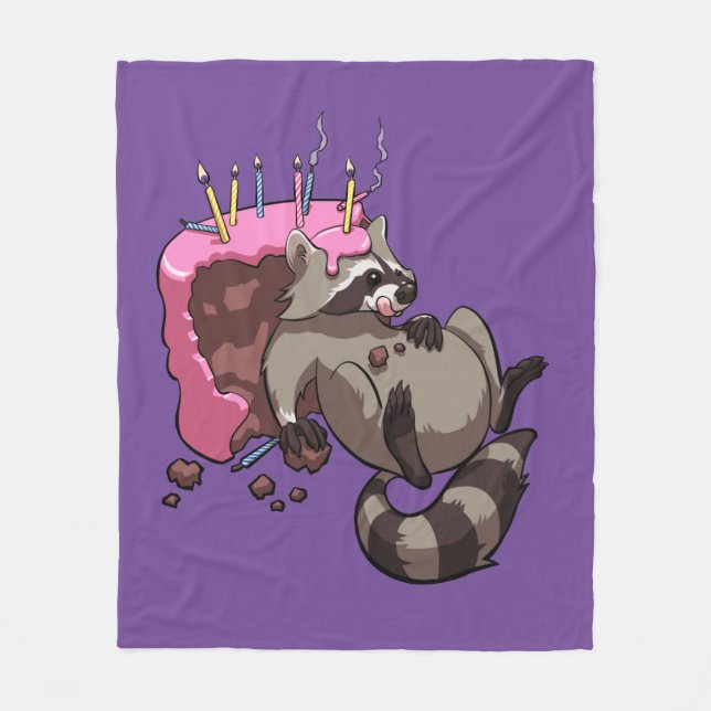 Greedy Raccoon Full of Birthday Cake Cartoon Fleece Blanket (Front)