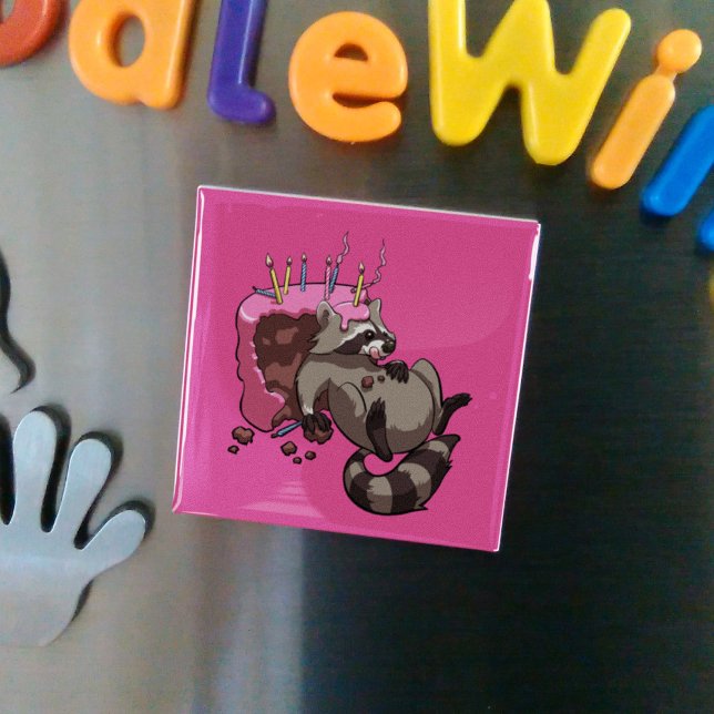 Greedy Raccoon Full of Birthday Cake Cartoon Magnet (Creator Uploaded)