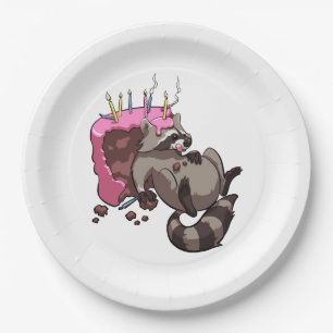 Greedy Raccoon Full of Birthday Cake Cartoon Paper Plate